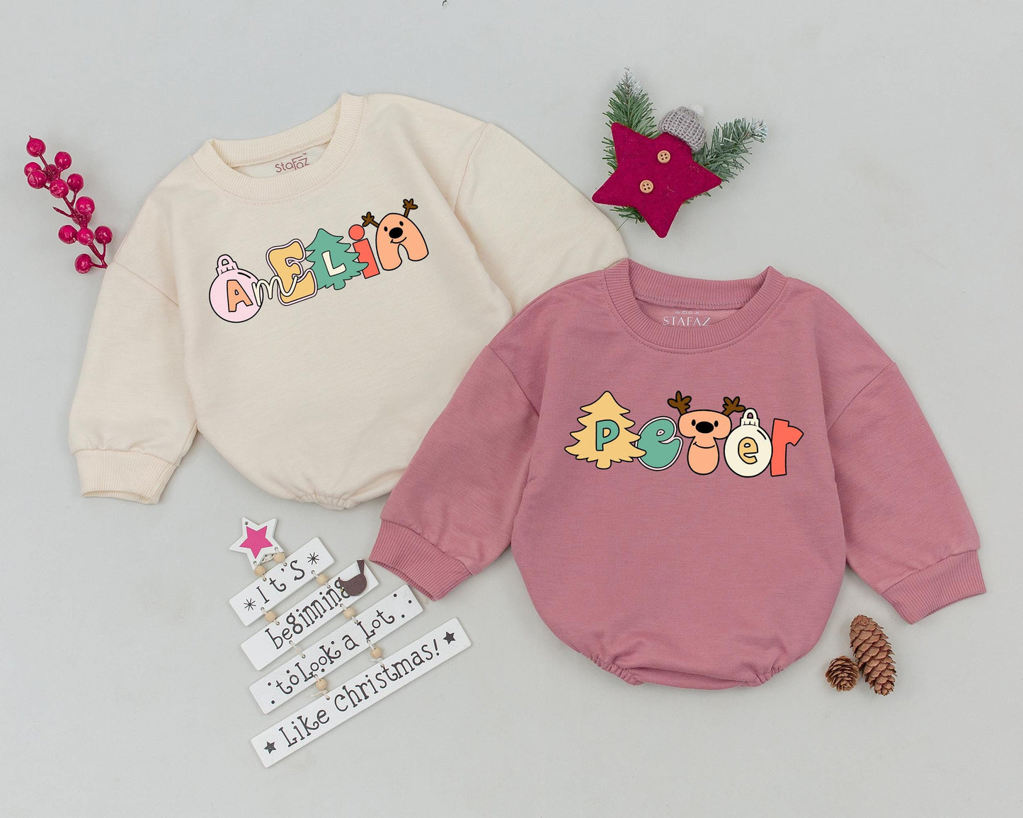 Custom Name Christmas Baby Bubble Romper spelled by Playful Pastel Holiday Icons Whimsical Tree Reindeer Ornament Outfit