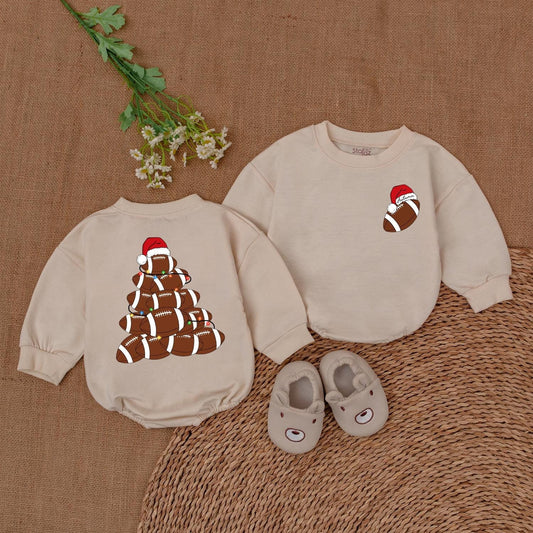 Personalized Baby Football Christmas Tree Romper First Christmas Outfit Festive Lights Santa Hat Playful Design Newborn Boy Girl Shower Gift Trendy