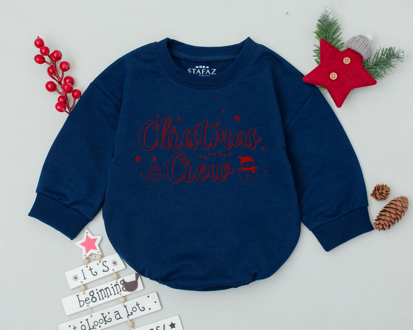 Christmas Crew Romper Red Festive Baby Outfit Newborn Bodysuit Snowflakes Christmas Tree Snowman Infant Clothes Holiday Baby Shower Gift