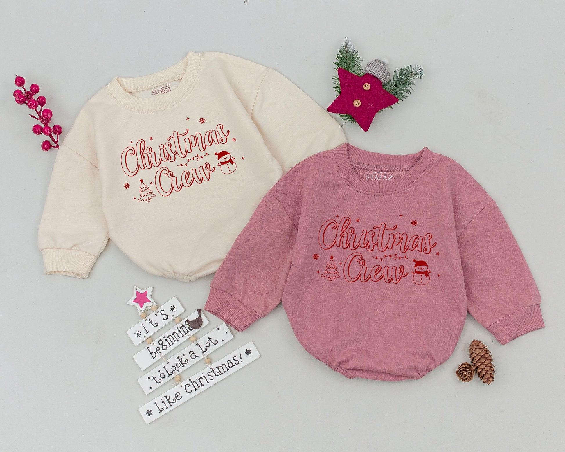 Christmas Crew Romper Red Festive Baby Outfit Newborn Bodysuit Snowflakes Christmas Tree Snowman Infant Clothes Holiday Baby Shower Gift