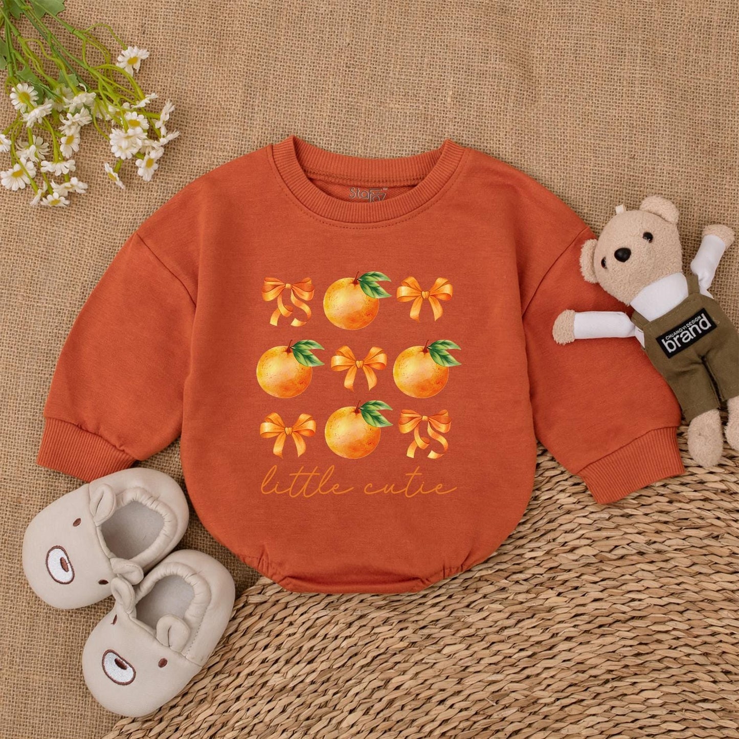 Little Cutie Orange Fruit Baby Girl Bubble Romper Bodysuit Outfit with Green Leaves and Bows Perfect Newborn Shower Gift First Birthday Celebration
