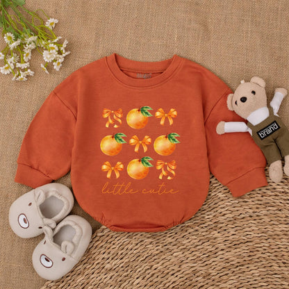 Little Cutie Orange Fruit Baby Girl Bubble Romper Bodysuit Outfit with Green Leaves and Bows Perfect Newborn Shower Gift First Birthday Celebration