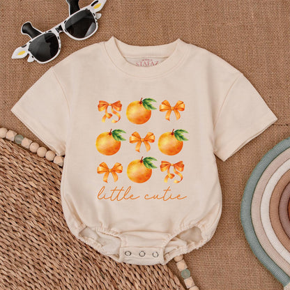Little Cutie Orange Fruit Baby Girl Bubble Romper Bodysuit Outfit with Green Leaves and Bows Perfect Newborn Shower Gift First Birthday Celebration