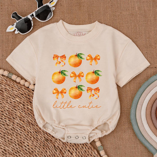 Little Cutie Orange Fruit Baby Girl Bubble Romper Bodysuit Outfit with Green Leaves and Bows Perfect Newborn Shower Gift First Birthday Celebration