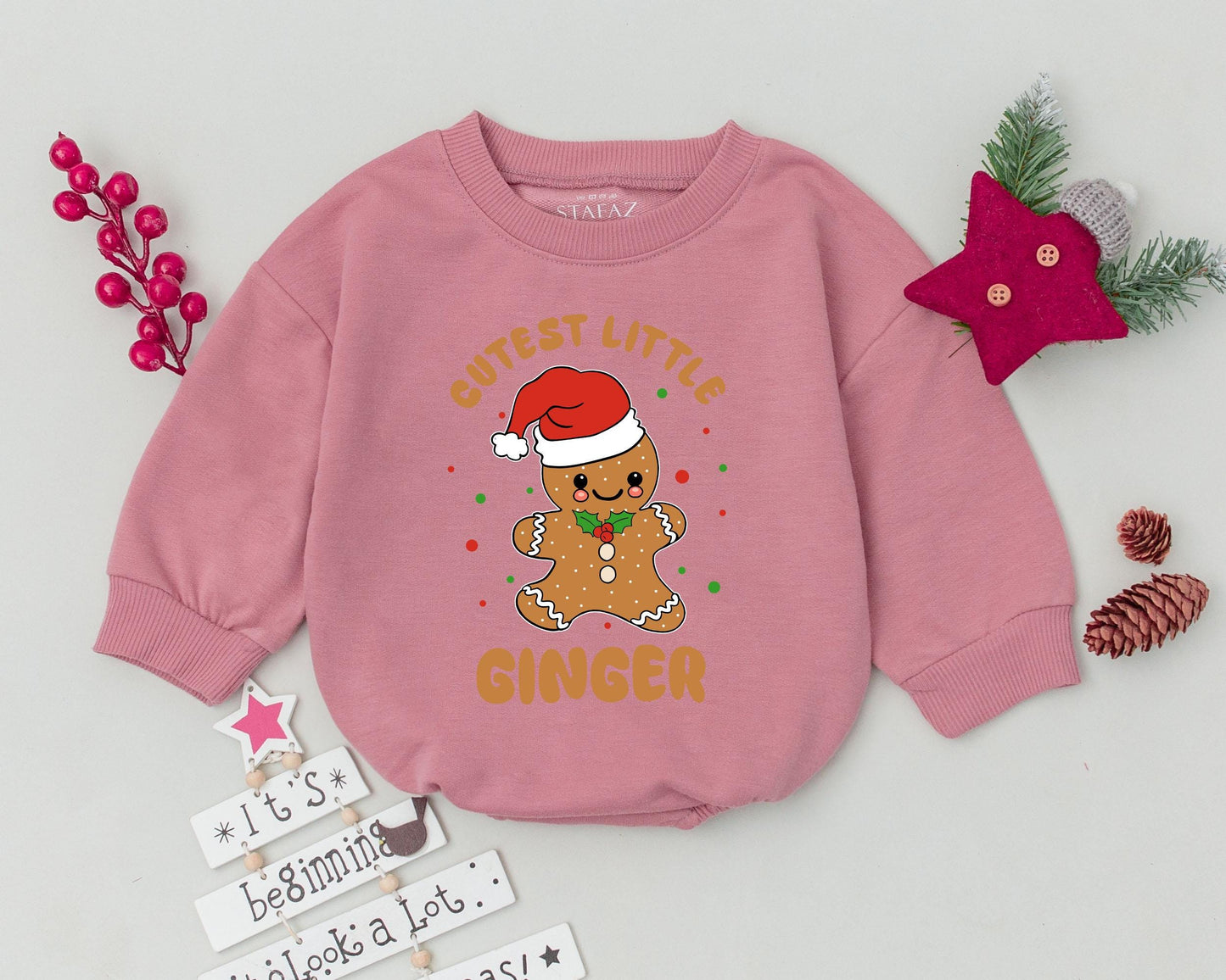 Cutest Little Ginger Gingerbread Man Christmas Bubble Romper Infant Bodysuit Festive Red Santa Hat Holly Xmas Baby Newborn Outfit Gift
