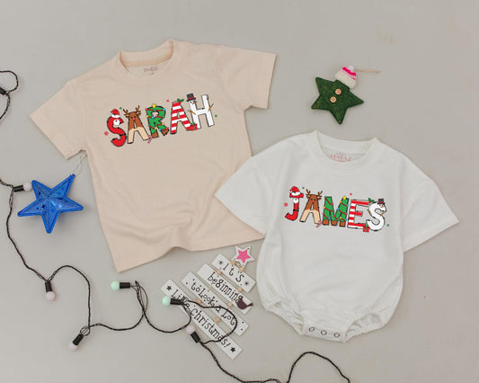 Retro Christmas Family Shirts Personalized Name Outfits, Festive Block Letter Design, Baby Announcement Matching Group, First Christmas, Mom and Baby, Vintage Holiday (139)