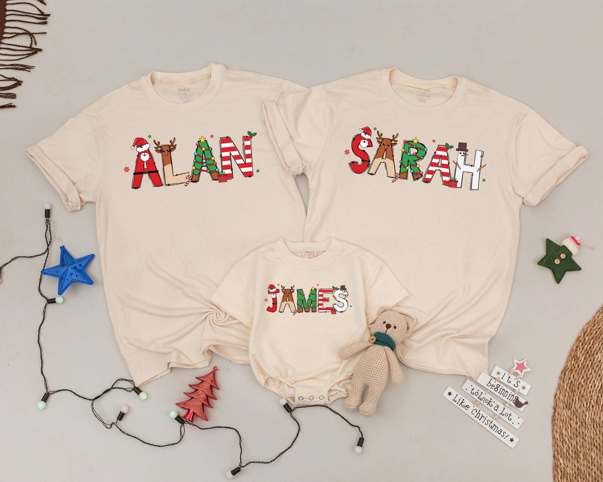 Retro Christmas Family Shirts Personalized Name Outfits, Festive Block Letter Design, Baby Announcement Matching Group, First Christmas, Mom and Baby, Vintage Holiday (139)