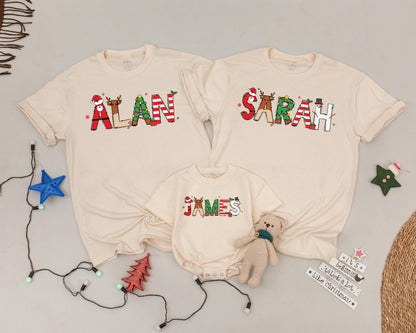 Retro Christmas Family Shirts Personalized Name Outfits, Festive Block Letter Design, Baby Announcement Matching Group, First Christmas, Mom and Baby, Vintage Holiday (139)