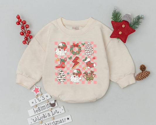 Vintage Pink Christmas Bubble Romper Baby Outfit Santa Reindeer Retro Whimsical Newborn Bodysuit Xmas Infant Clothes Soft Cotton Baby Shower Gift Nostalgic Holiday Apparel