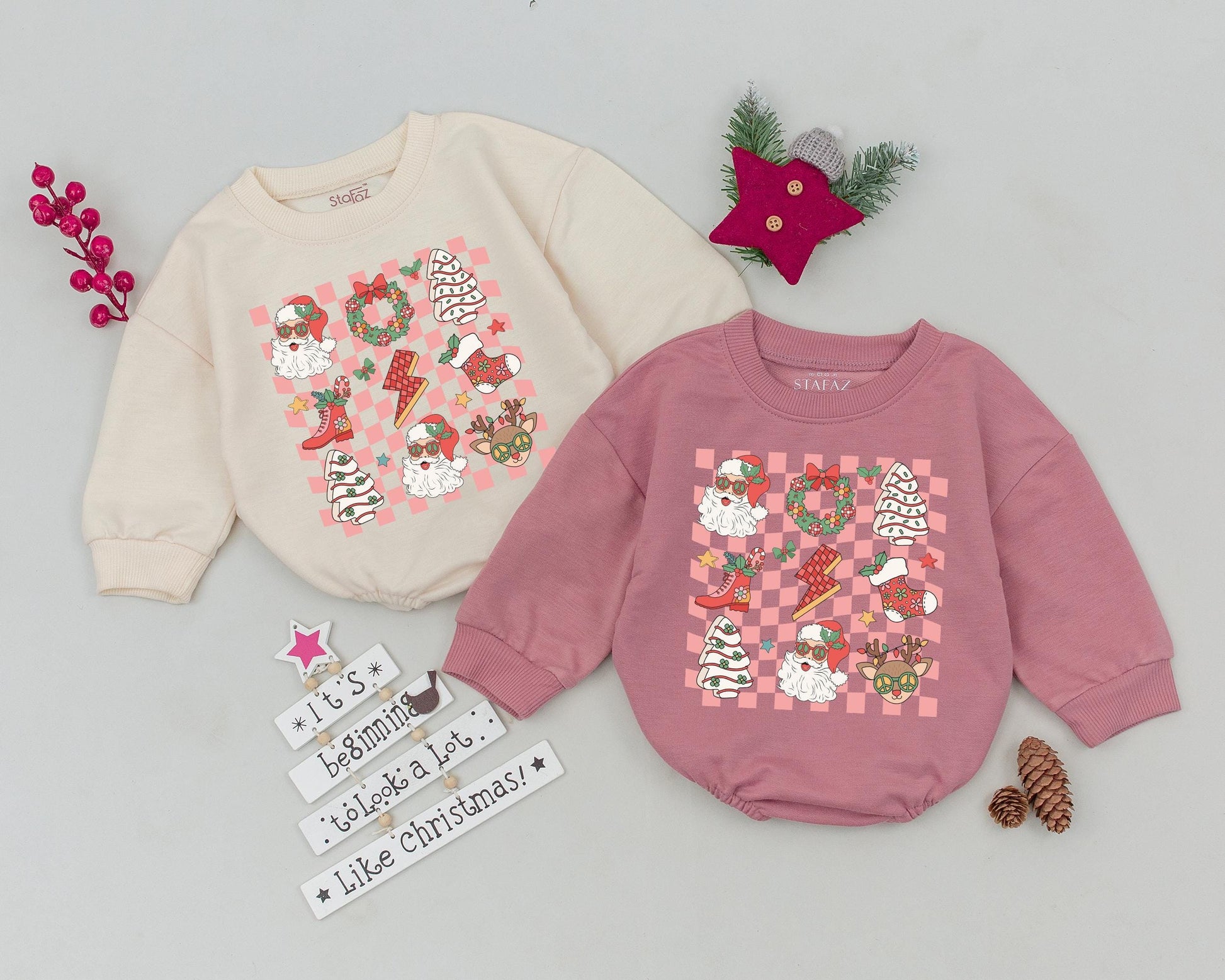 Vintage Pink Christmas Bubble Romper Baby Outfit Santa Reindeer Retro Whimsical Newborn Bodysuit Xmas Infant Clothes Soft Cotton Baby Shower Gift Nostalgic Holiday Apparel