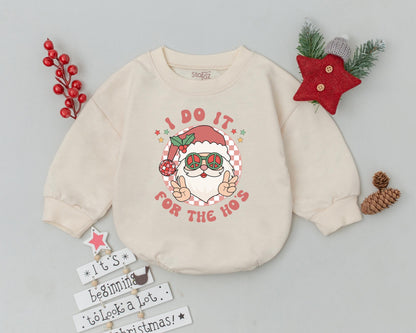 Retro Santa Claus Bubble Romper with Peace Sign, Funny Christmas Baby Outfit, Pink Text "I Do It For The Ho's" Vintage Newborn Bodysuit, Xmas Infant Clothes Baby Shower Gift