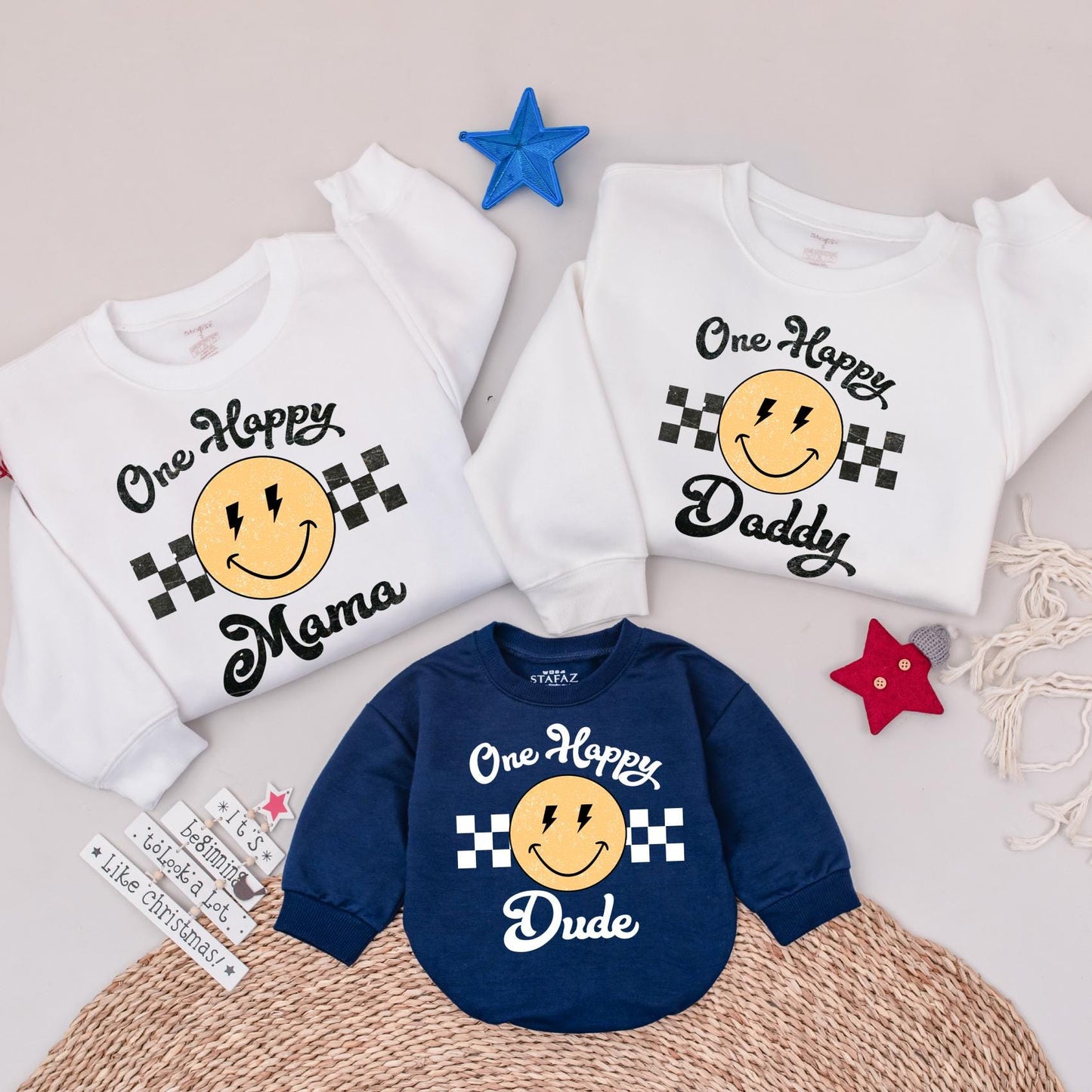 One Happy Dude Retro Smiley Face Birthday Sweatshirt Matching Family 1st Birthday Outfit Yellow Black Vintage Style Fun