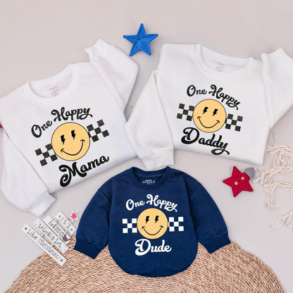 One Happy Dude Retro Smiley Face Birthday Sweatshirt Matching Family 1st Birthday Outfit Yellow Black Vintage Style Fun