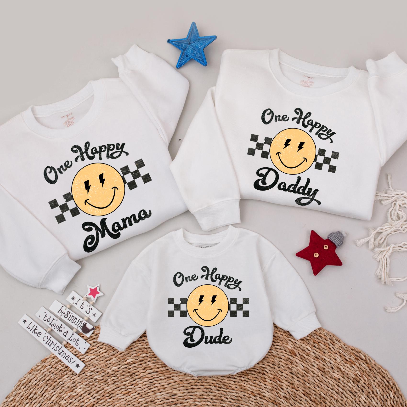 One Happy Dude Retro Smiley Face Birthday Sweatshirt Matching Family 1st Birthday Outfit Yellow Black Vintage Style Fun