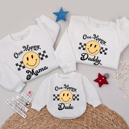 One Happy Dude Retro Smiley Face Birthday Sweatshirt Matching Family 1st Birthday Outfit Yellow Black Vintage Style Fun