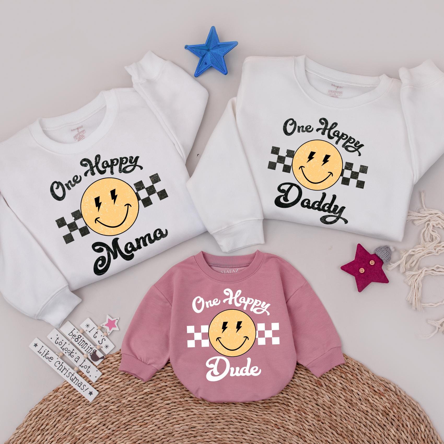 One Happy Dude Retro Smiley Face Birthday Sweatshirt Matching Family 1st Birthday Outfit Yellow Black Vintage Style Fun