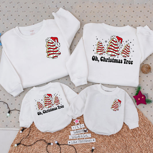 Oh Christmas Tree Matching Family Sweatshirt Romper Toddler Sweater with Retro Frosted Cake Trees, Santa Hat, Black White Red Green Sprinkles