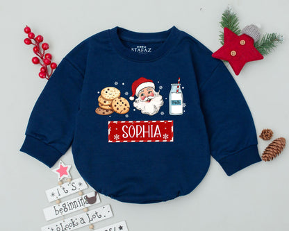 Personalized Christmas Baby Romper with Festive Santa Cookies & Milk Design, Toddler Infant Holiday Outfit for First Christmas Celebration