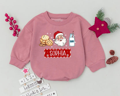 Personalized Christmas Baby Romper with Festive Santa Cookies & Milk Design, Toddler Infant Holiday Outfit for First Christmas Celebration