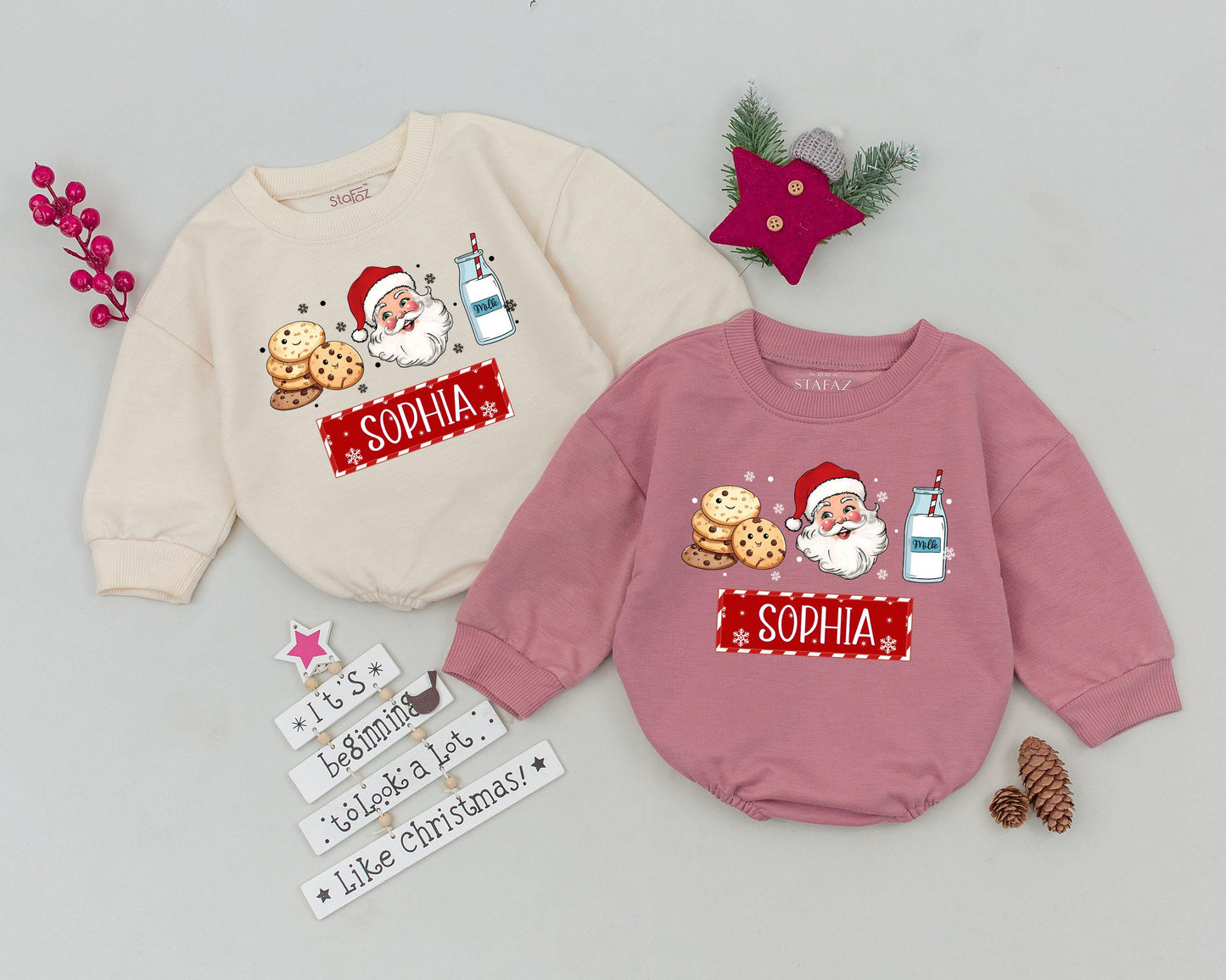 Personalized Christmas Baby Romper with Festive Santa Cookies & Milk Design, Toddler Infant Holiday Outfit for First Christmas Celebration
