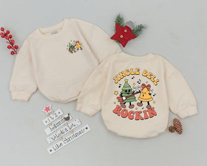 Jingle Bell Rockin' Retro Baby Bubble Romper First Christmas Outfit Vintage Tree Guitar Rock On Hand Newborn Shower Gift Idea for Infants