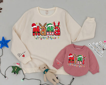 Retro Christmas Matching Sweatshirts Mama and Mini Custom Name Family Outfit Mommy and Me Sweaters Daughter Kid Sweater Vintage Christmas Gift (139 chars)
