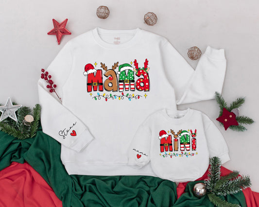 Retro Christmas Matching Sweatshirts Mama and Mini Custom Name Family Outfit Mommy and Me Sweaters Daughter Kid Sweater Vintage Christmas Gift (139 chars)