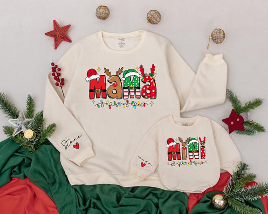 Retro Christmas Matching Sweatshirts Mama and Mini Custom Name Family Outfit Mommy and Me Sweaters Daughter Kid Sweater Vintage Christmas Gift (139 chars)