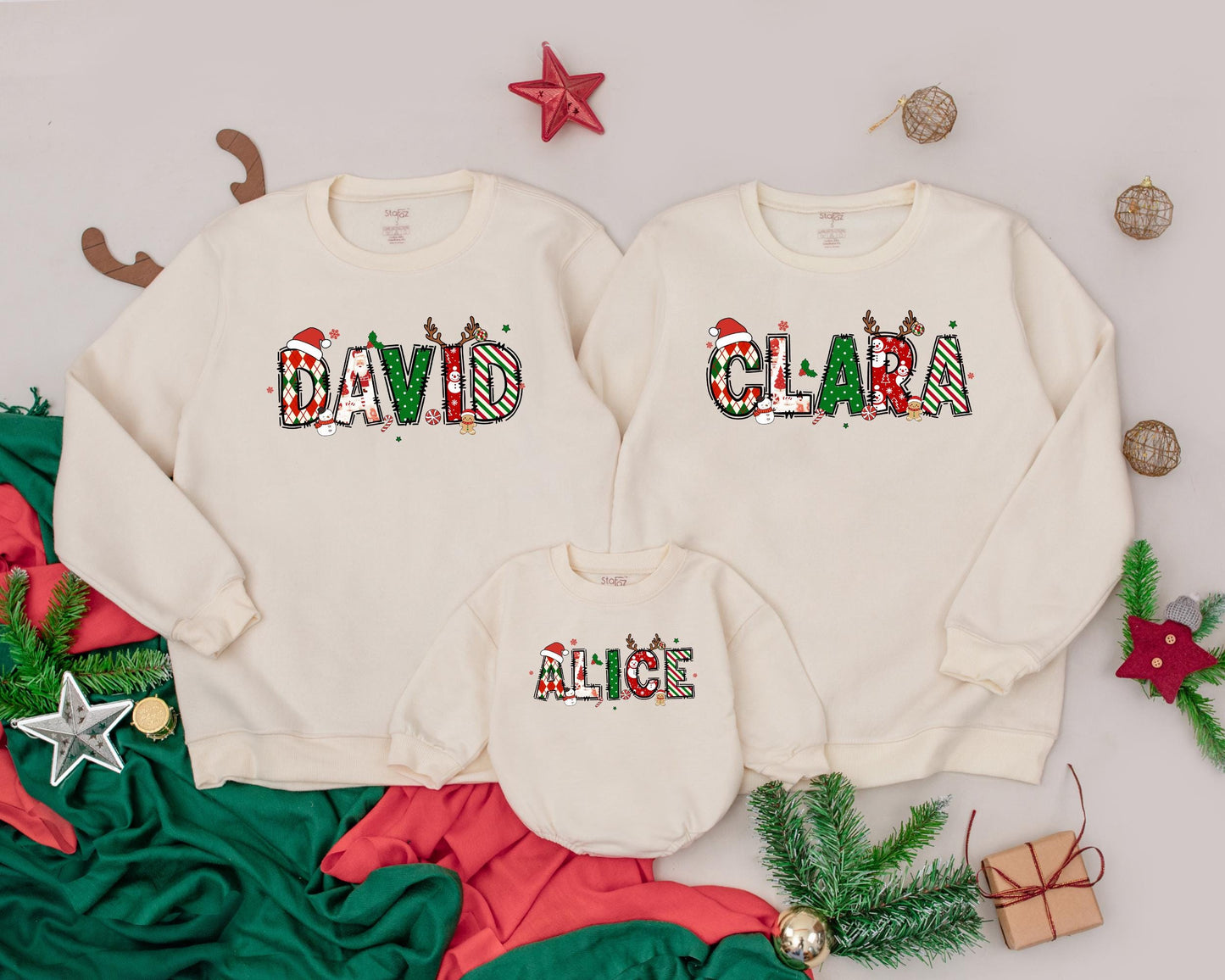 Custom Family Christmas Sweatshirt, Matching Personalized Name Sweater for Mom, Dad, and Kids, Festive Holiday Outfit, Christmas Gift, Soft and Cozy (139 chars)
