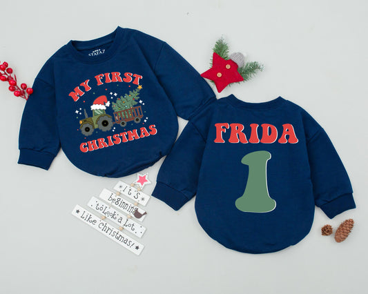 Custom Name First Christmas Baby Bodysuit Romper Vintage Tractor Tree Design Infant Holiday Outfit Toddler Xmas Celebration Gift
