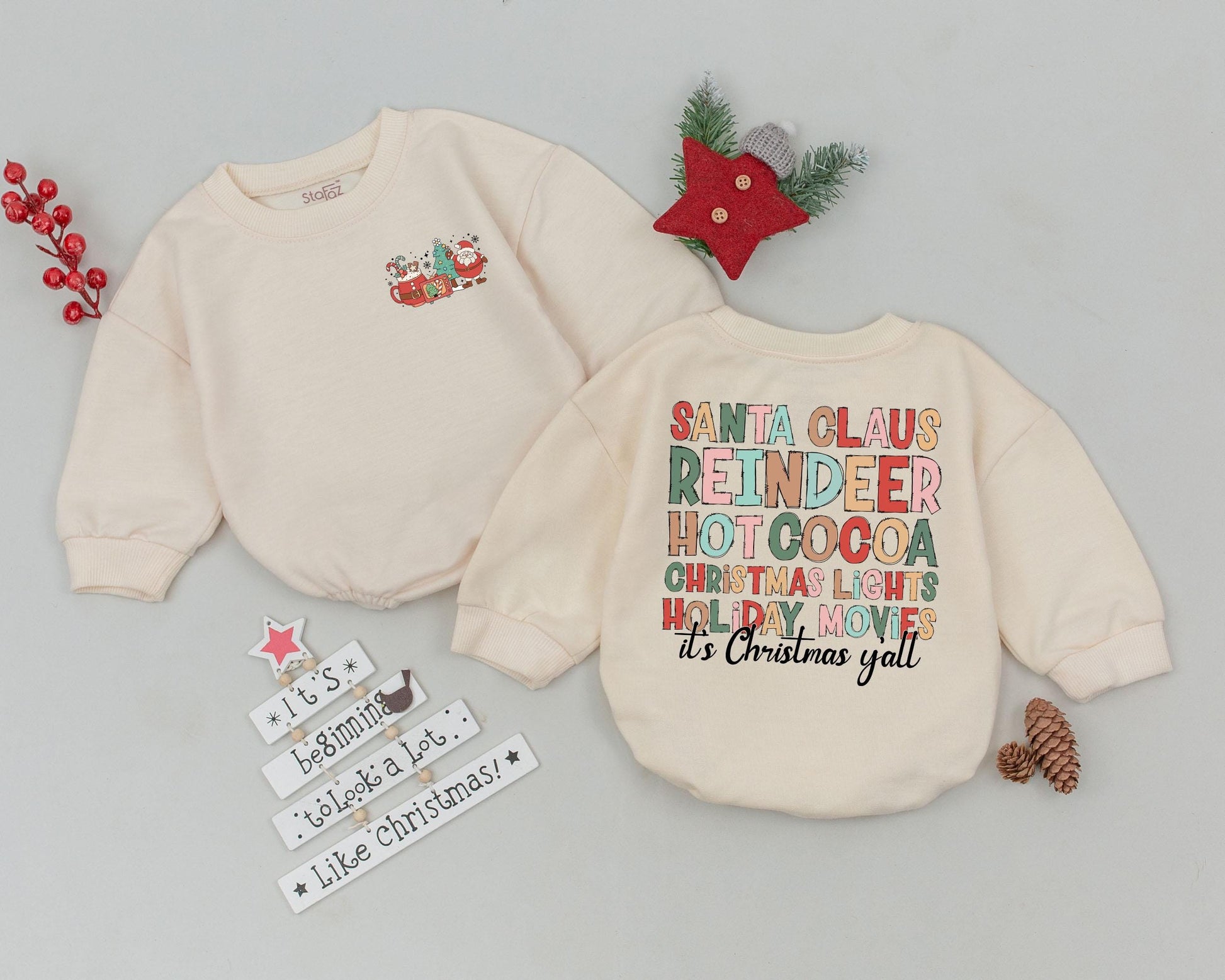 Vintage Christmas Baby Romper Newborn Outfit First Holiday Gift Bubble Style Retro Design with Festive Phrases Santa Tree Mug Details