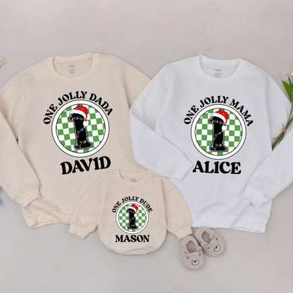Personalized Holly Jolly Family Christmas Sweatshirt & Baby Romper Set, Custom Name New Parents Holiday Outfit Gift