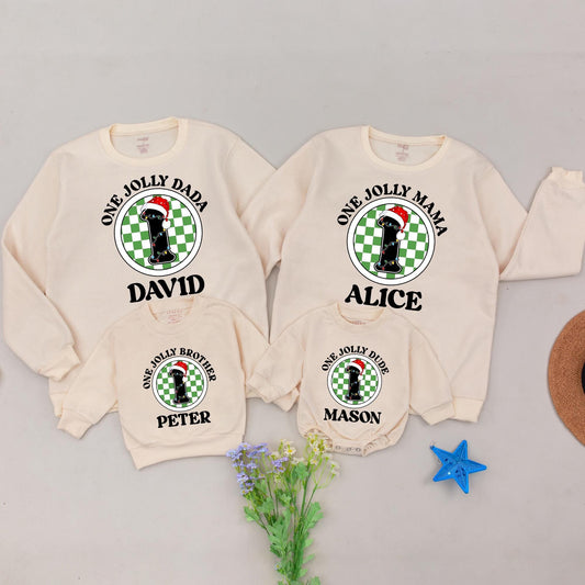 Personalized Holly Jolly Family Christmas Sweatshirt & Baby Romper Set, Custom Name New Parents Holiday Outfit Gift