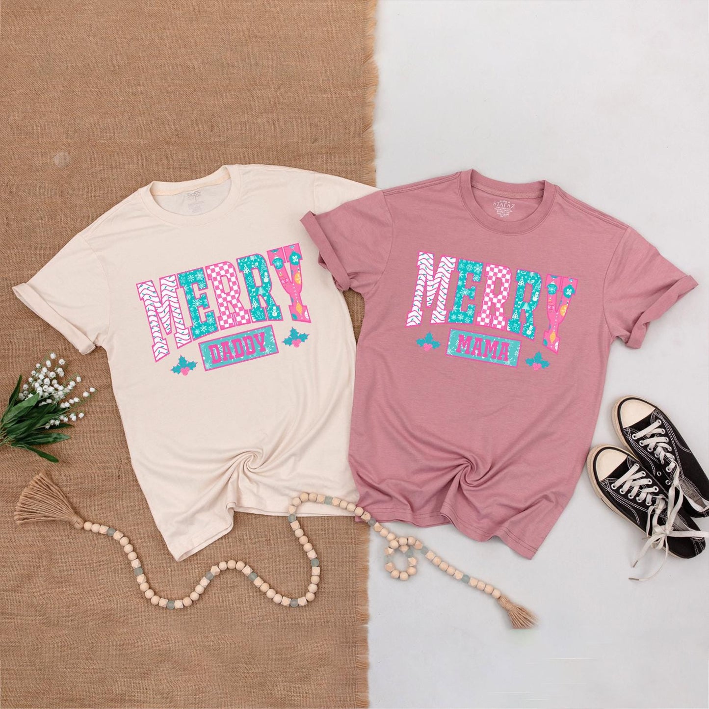 Custom Merry Mama Mini Matching Christmas Outfits Pink Turquoise Holly Berry Chevron Snowflake Patterned T-shirt Baby Bodysuit Gift