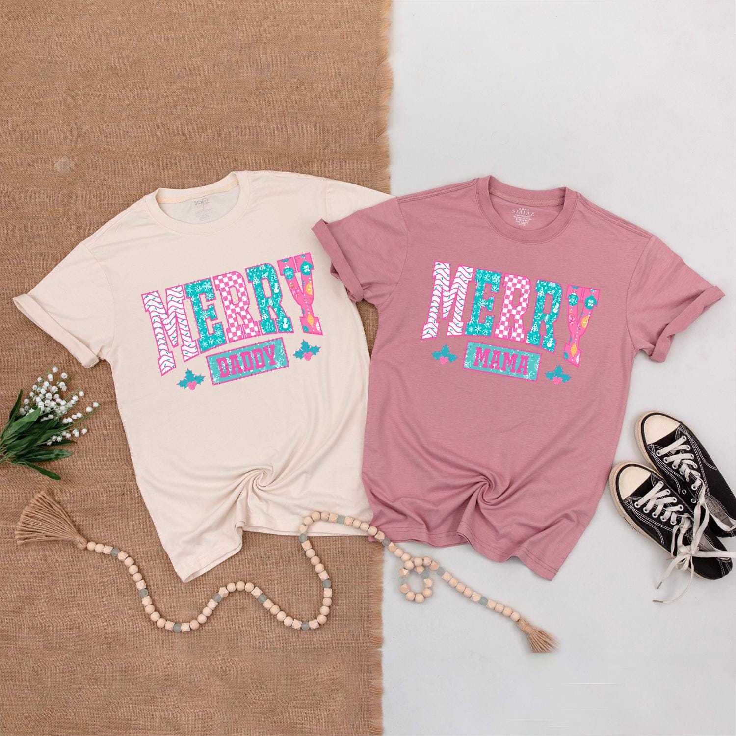 Custom Merry Mama Mini Matching Christmas Outfits Pink Turquoise Holly Berry Chevron Snowflake Patterned T-shirt Baby Bodysuit Gift