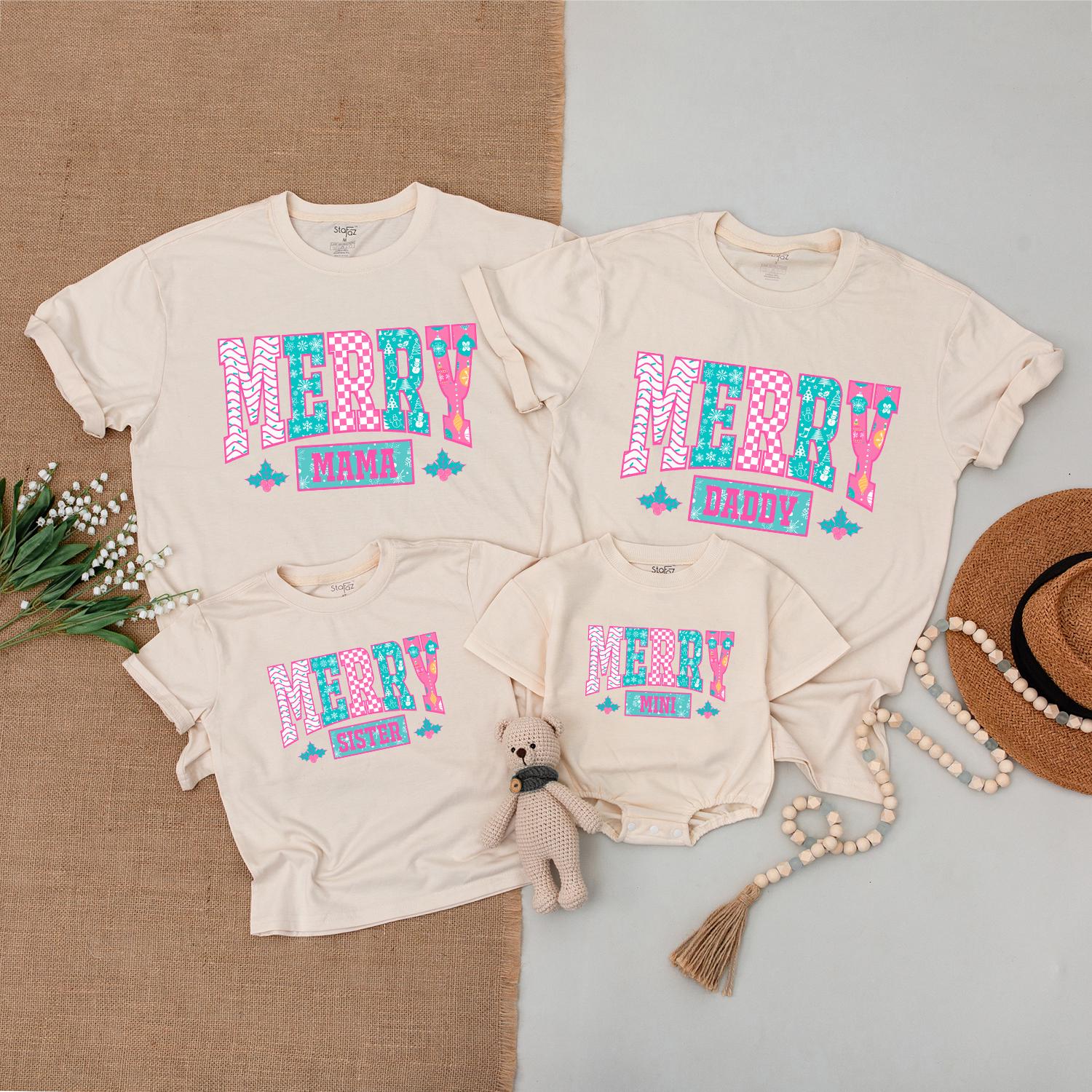 Custom Merry Mama Mini Matching Christmas Outfits Pink Turquoise Holly Berry Chevron Snowflake Patterned T-shirt Baby Bodysuit Gift