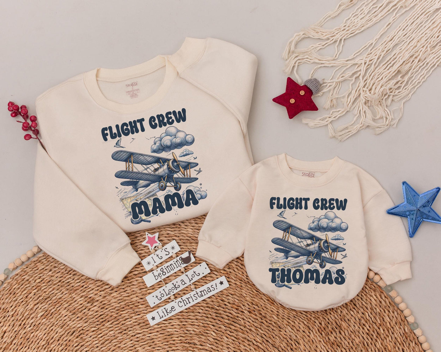 Vintage Flight Crew Family Birthday Sweatshirt Daddy Mama Thomas Biplane Clouds Birds Muted Blue Cream