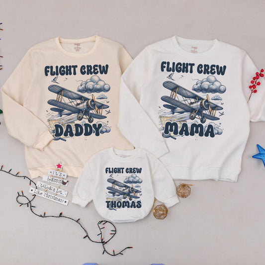 Vintage Flight Crew Family Birthday Sweatshirt Daddy Mama Thomas Biplane Clouds Birds Muted Blue Cream