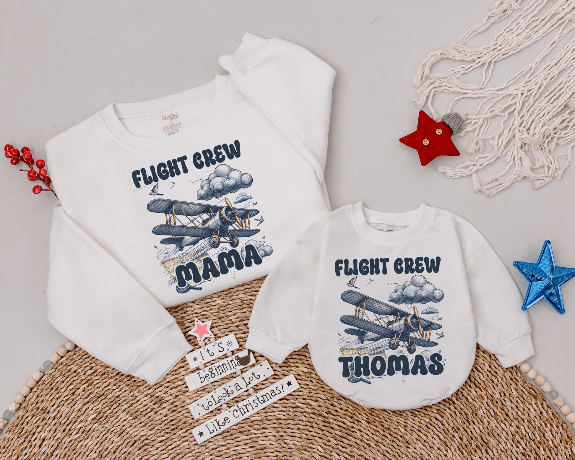 Vintage Flight Crew Family Birthday Sweatshirt Daddy Mama Thomas Biplane Clouds Birds Muted Blue Cream