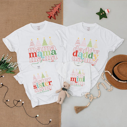 Personalized Matching Family Christmas Shirts Mama Mini Daddy Sister Festive Line Art Tree Design Holiday Outfit Tees for All