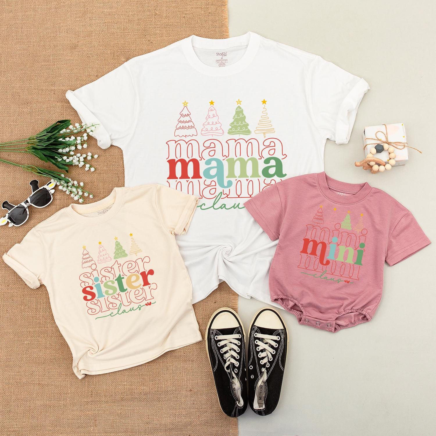 Personalized Matching Family Christmas Shirts Mama Mini Daddy Sister Festive Line Art Tree Design Holiday Outfit Tees for All