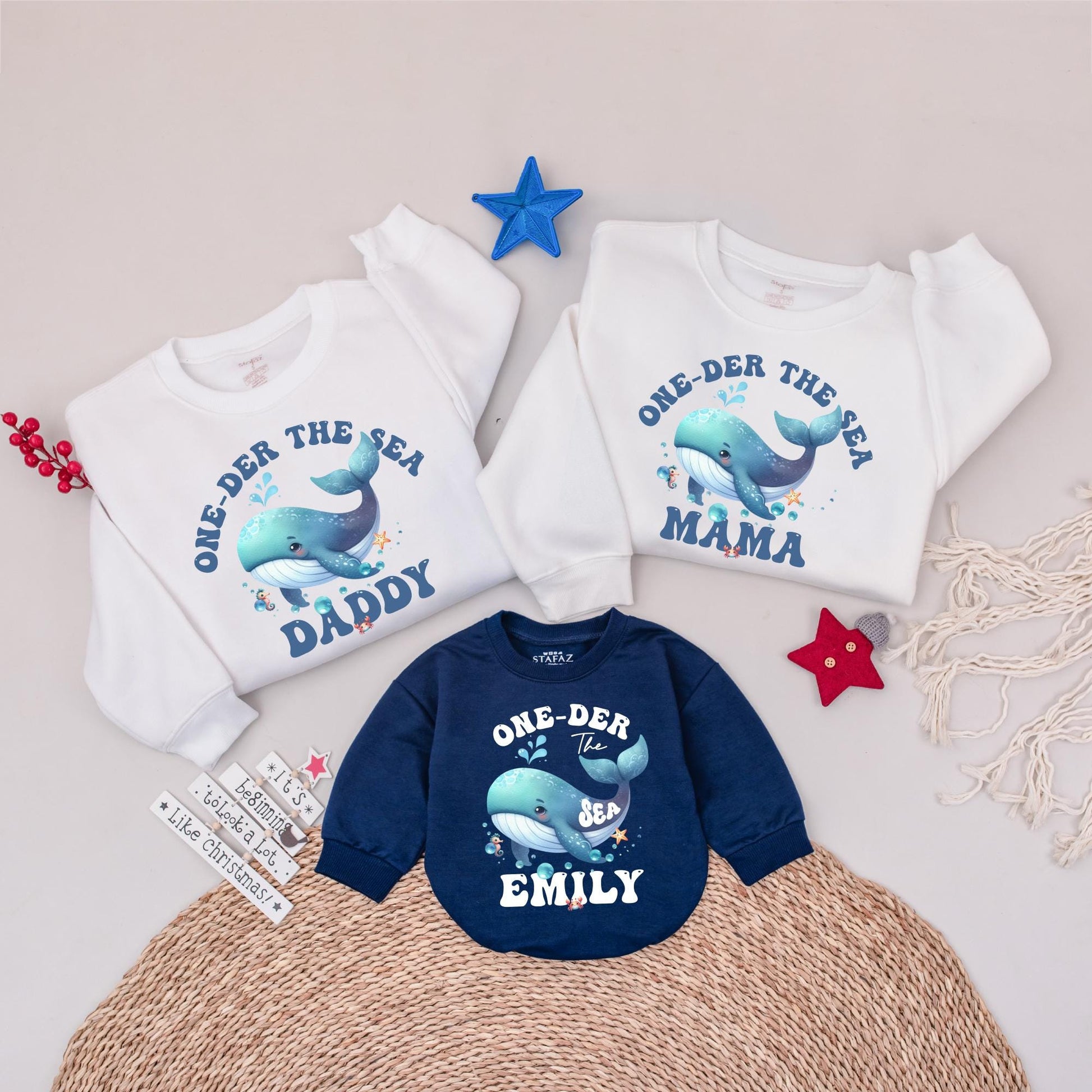 One-der The Sea Matching Family Birthday Sweatshirts, Cute Whale 1st Birthday Outfit, Personalized Ocean Party Shirts for Daddy, Mama, Emily 138 chars