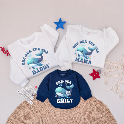 One-der The Sea Matching Family Birthday Sweatshirts, Cute Whale 1st Birthday Outfit, Personalized Ocean Party Shirts for Daddy, Mama, Emily 138 chars