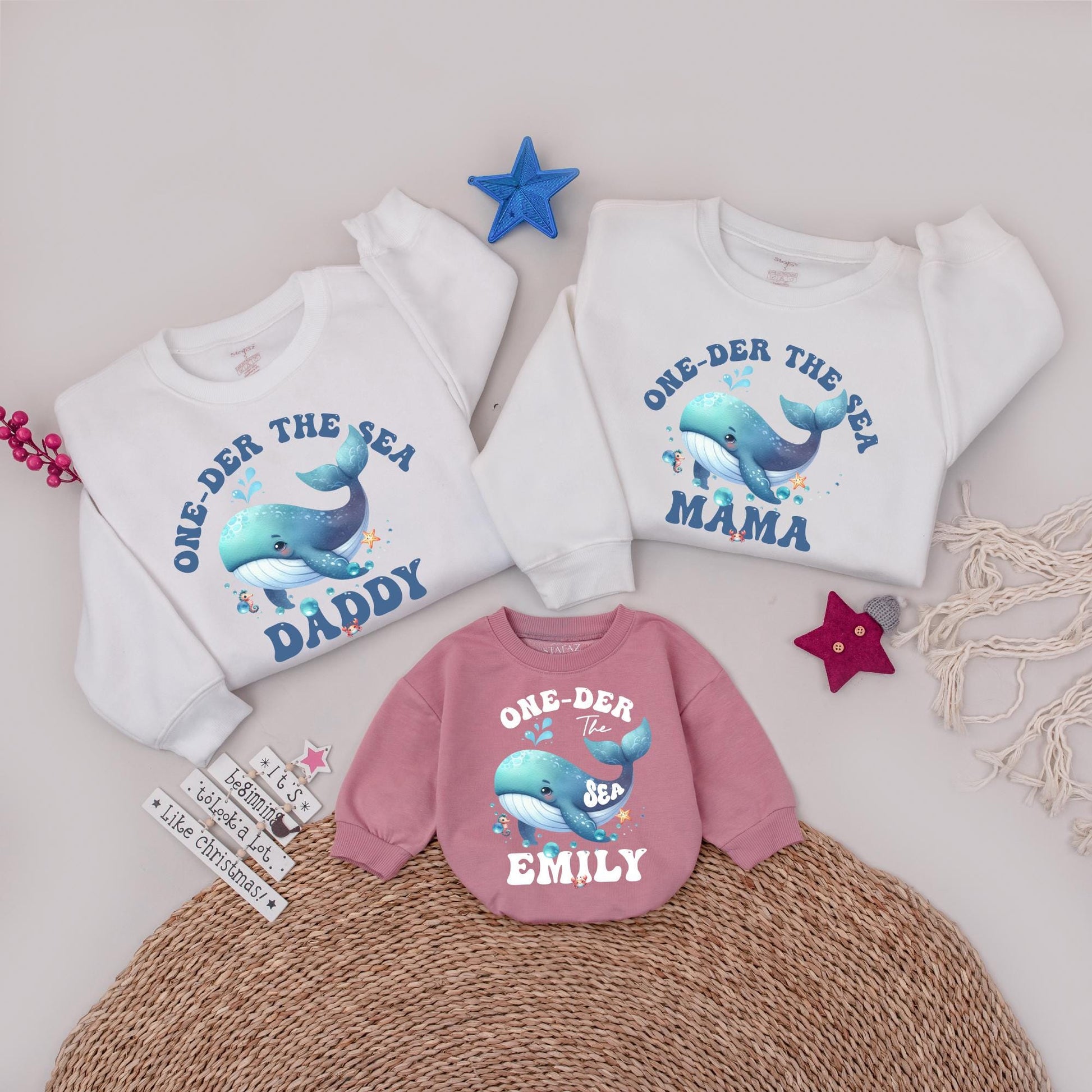One-der The Sea Matching Family Birthday Sweatshirts, Cute Whale 1st Birthday Outfit, Personalized Ocean Party Shirts for Daddy, Mama, Emily 138 chars