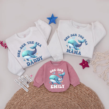 One-der The Sea Matching Family Birthday Sweatshirts, Cute Whale 1st Birthday Outfit, Personalized Ocean Party Shirts for Daddy, Mama, Emily 138 chars