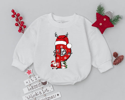 Personalized Peter Initial P My First Christmas Baby Romper Festive Red Letter Santa Hat Antlers Snowman Christmas Tree Holiday Outfit Infant Clothing Gift