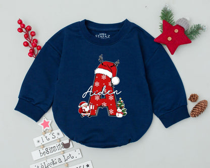 Personalized Peter Initial P My First Christmas Baby Romper Festive Red Letter Santa Hat Antlers Snowman Christmas Tree Holiday Outfit Infant Clothing Gift