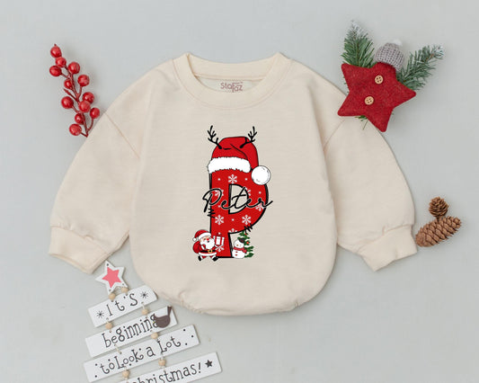 Personalized Peter Initial P My First Christmas Baby Romper Festive Red Letter Santa Hat Antlers Snowman Christmas Tree Holiday Outfit Infant Clothing Gift