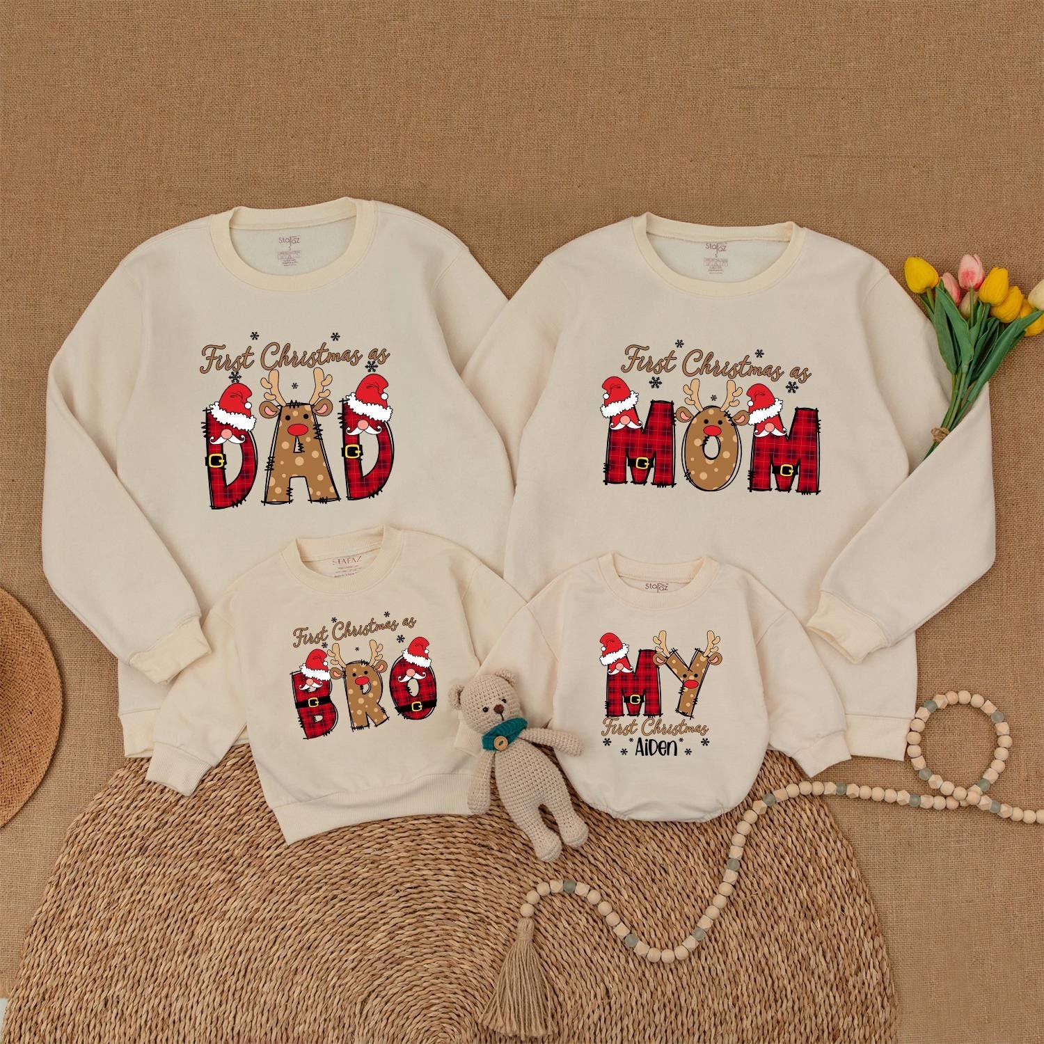 Personalized First Christmas Family Matching Sweaters for Dad Mom Bro Baby with Plaid Antlers Santa Hats & Snowflakes Festive Holiday Outfits