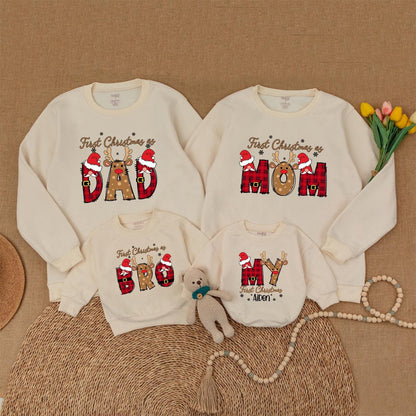 Personalized First Christmas Family Matching Sweaters for Dad Mom Bro Baby with Plaid Antlers Santa Hats & Snowflakes Festive Holiday Outfits